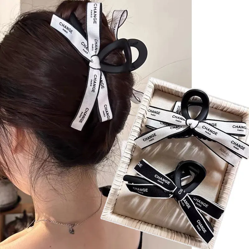 

Hot Women's Bow Hair Claw Matching Letter Ribbon Hairpins Advanced Black White Hair Clips Fashion Accessories Girl New Headwear