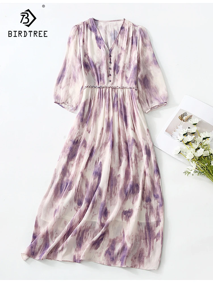 

Birdtree/100% шелковое платье с принтом тутового шелкопряда, Новинка лета 2023, Элегантное Длинное Платье с v-образным вырезом и эластичной резинкой на талии, D38131QC