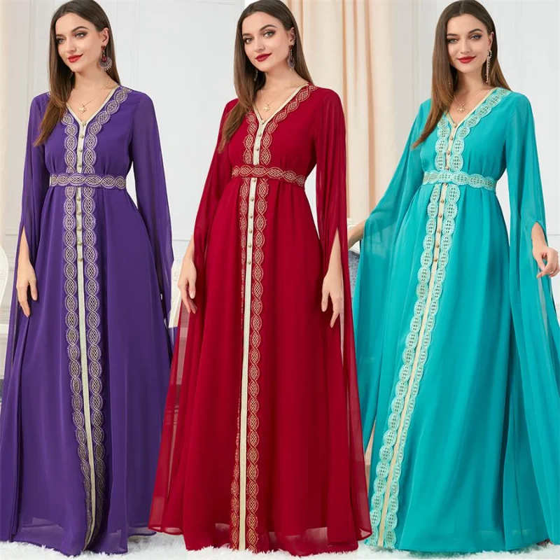 Abaya Dubai Muslim Dress Luxury High Class Long Sleeves Lace Tape Chiffon Evening Dresses Moroccan Caftan Royal Women
