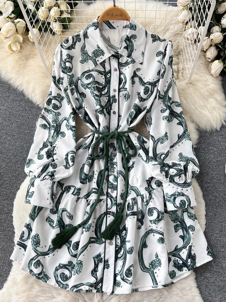 

Aibeautyer New Casual Summer Floral Print Slim Full Lady Dress A Line Tuandwon Collar Chiffon Single Breasted Women Dresses