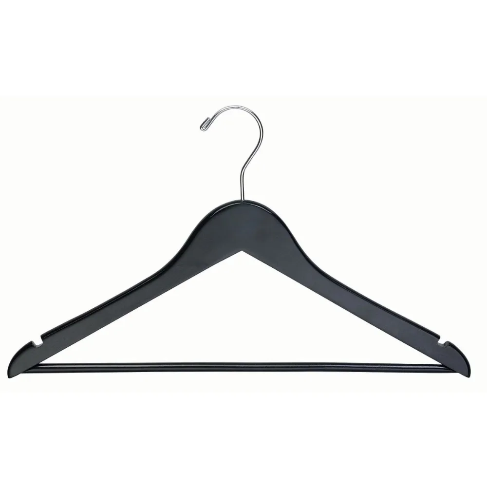 

A Box of 50 Black Wooden Suit Hangers with Space Saving Flat Wooden Hangers with Chrome Plated Rotating Hooks Notches