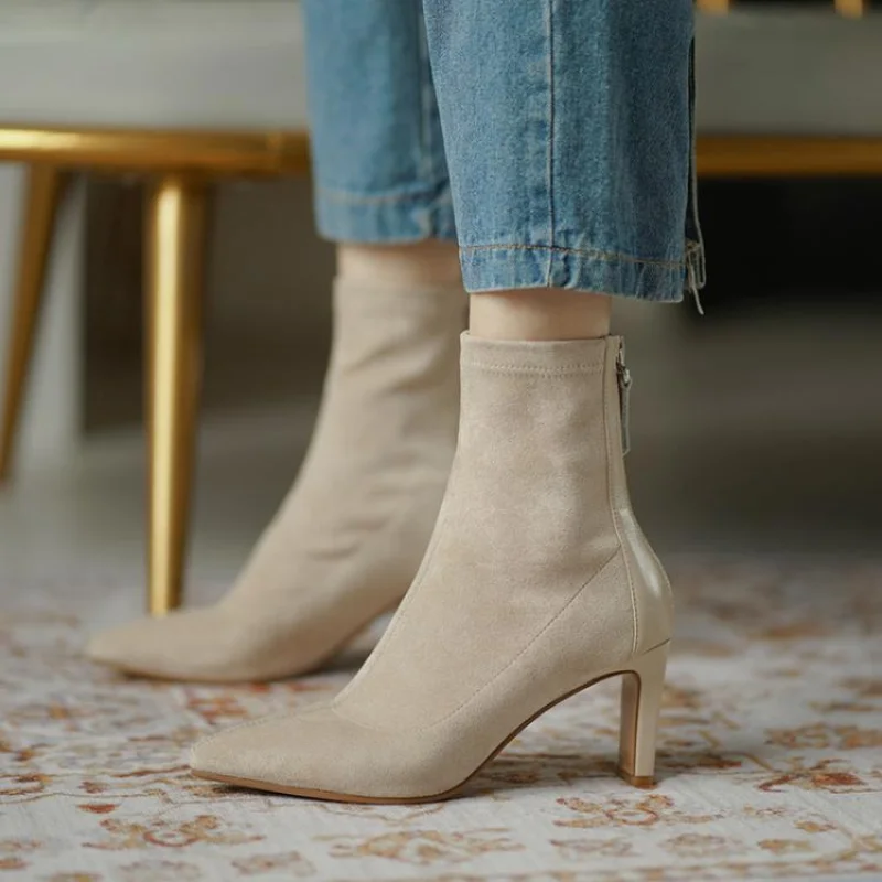 

High Heel Thin Boots Fashion Women Stretch Ankle Boots 2022 Autumn Winter Pointed Toe Sock Boots Ladies Office Pumps Women Shoes