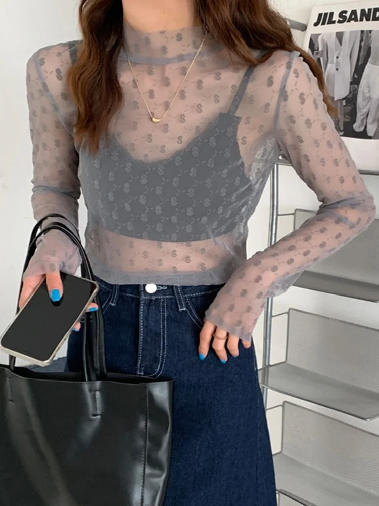 

Y2k Transparent Lace Sexy T-shirt Women Long Sleeve Spring Summer Shirts Basic Fashion Slim Tulle Mesh Tops 2022 Y484