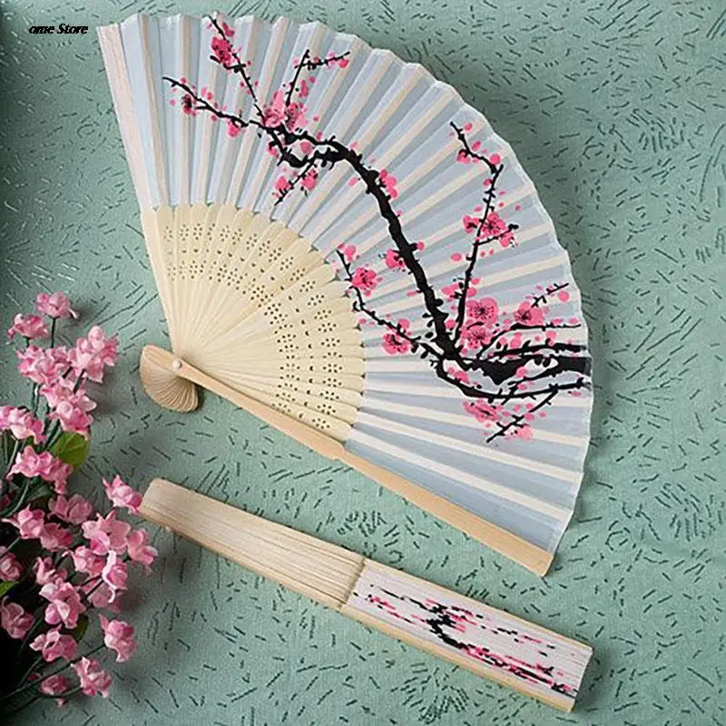 

Elegant Cherry Blossom Print Folding Hand Fans Flower Print Vintage Fan White Polyester Fans Summer Girls Dancing Fan