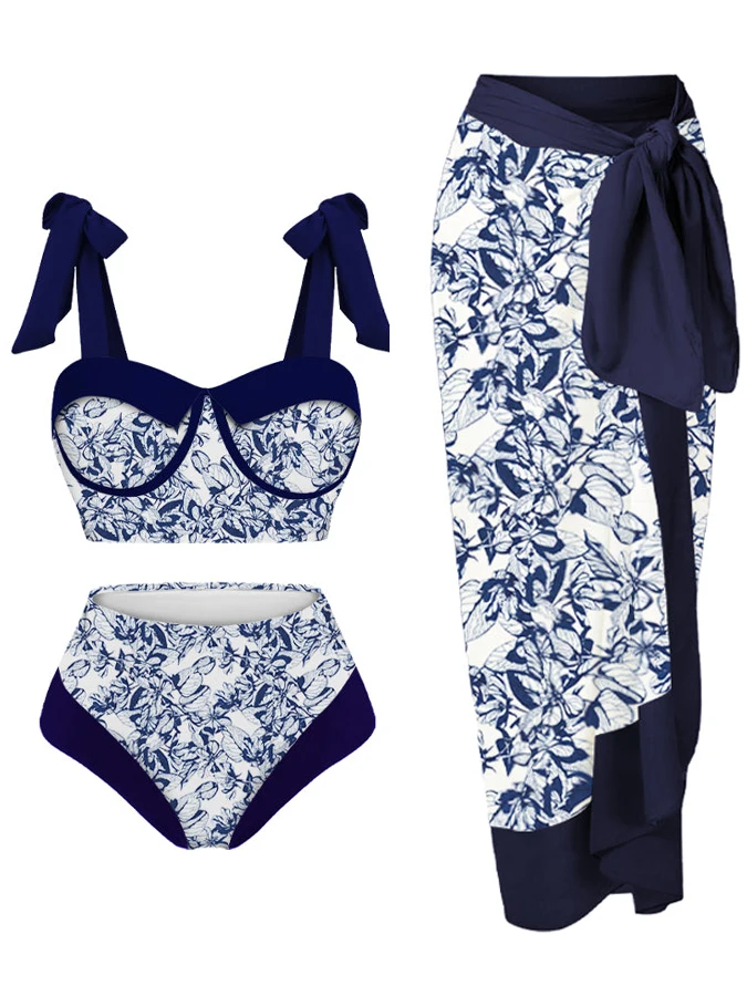 

Женский комплект бикини пуш-ап с цветочным принтом и оборками