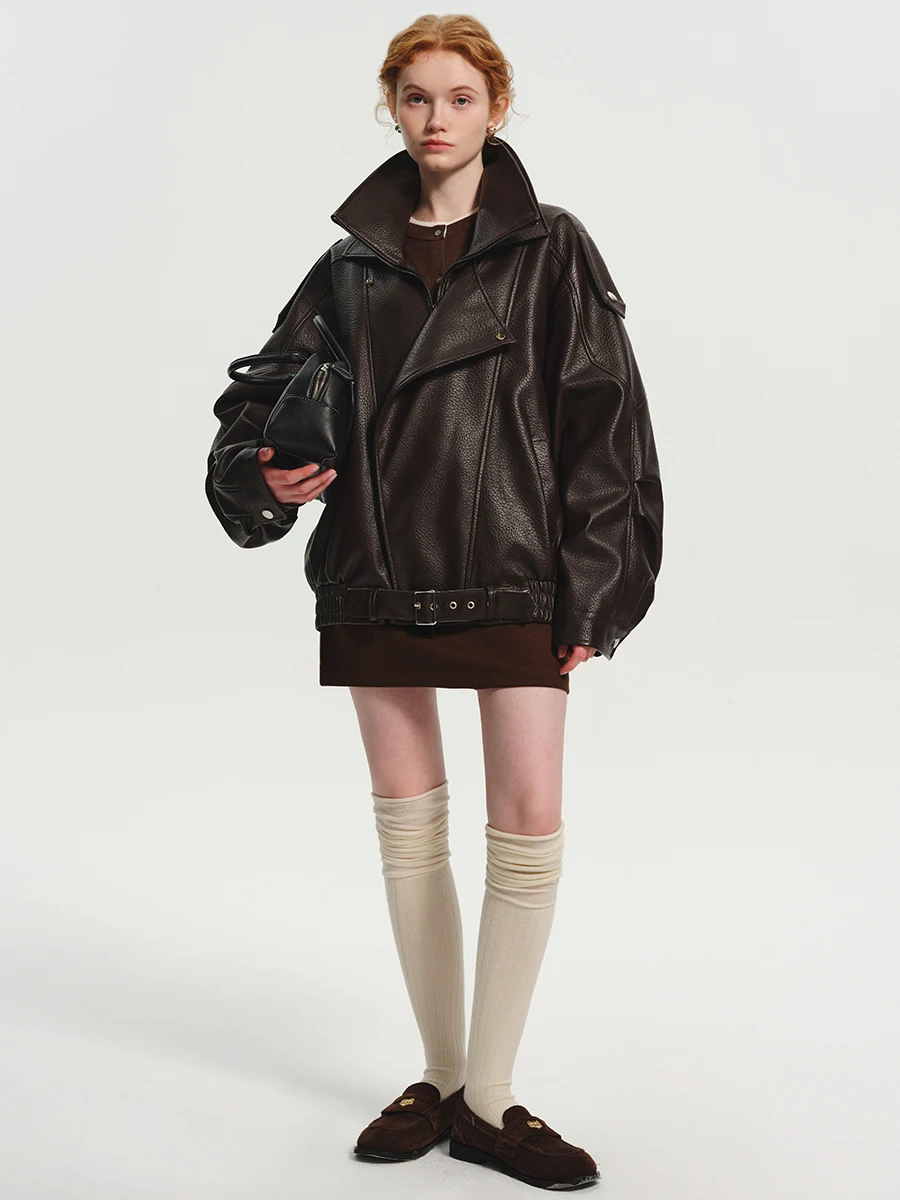  плюс коричневое кожаное пальто Emed верхняя одежда женская ретро-профильная