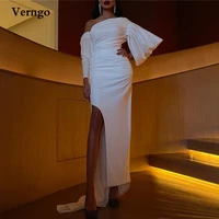 verngo white stretch satin evening dresses unique long sleeves side slit floor length women elegant formal prom party dress