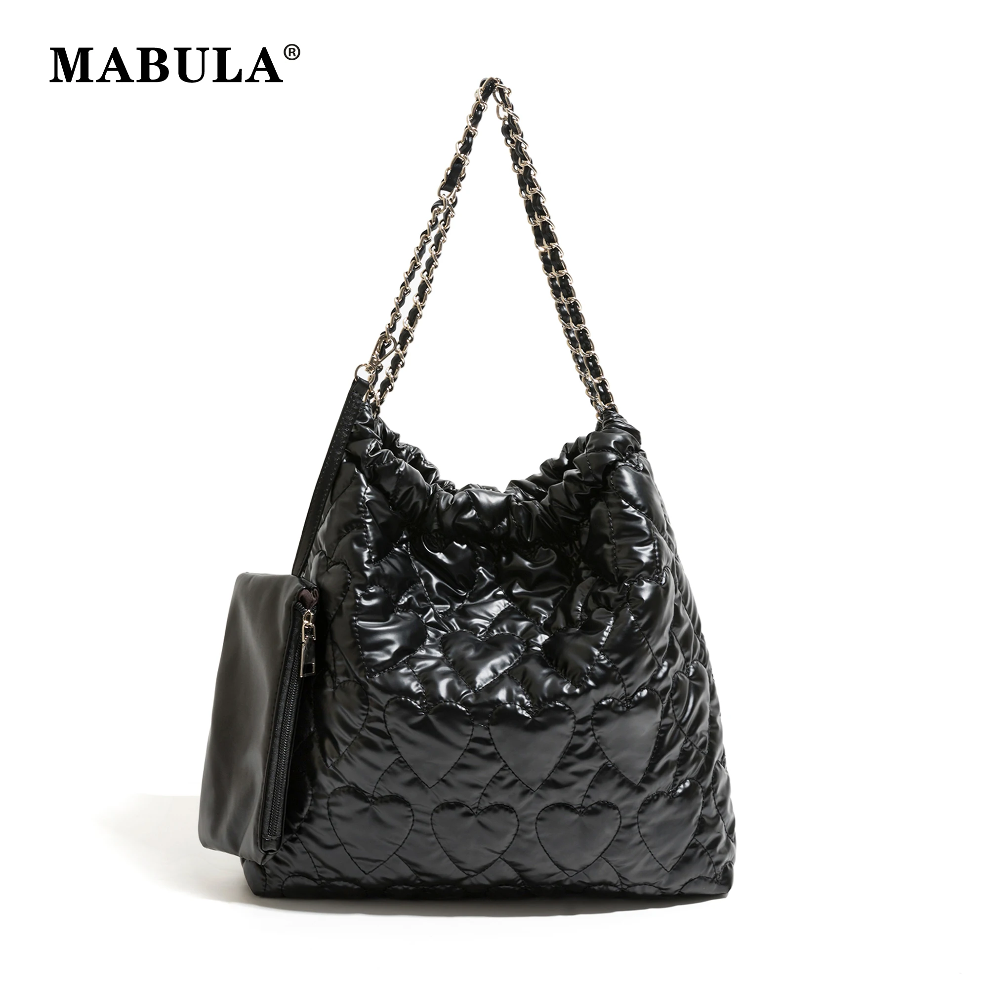 

MABULA Heart Quilted Women Winter Puffer Shoulder Bag Plaited Chain Square Feather Down Tote Padded Handbag Set Big Daily Purse