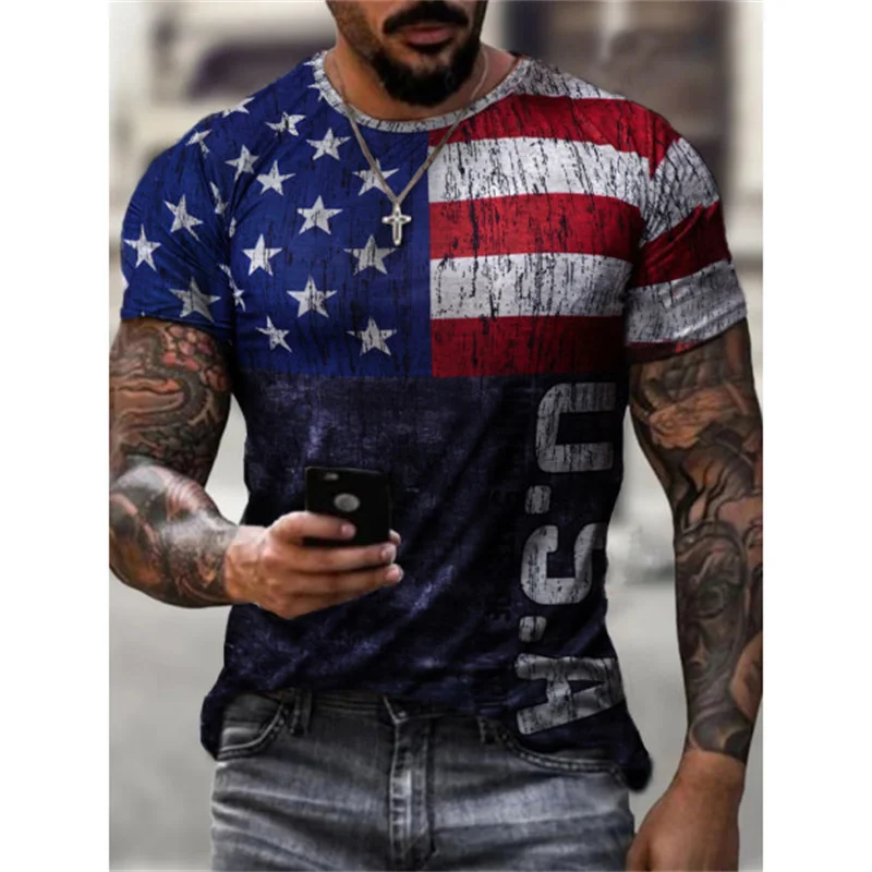 

New Men's 3D Printed American Street Retro T-Shirt Oversized Round Neck Short Sleeve Hot Sale