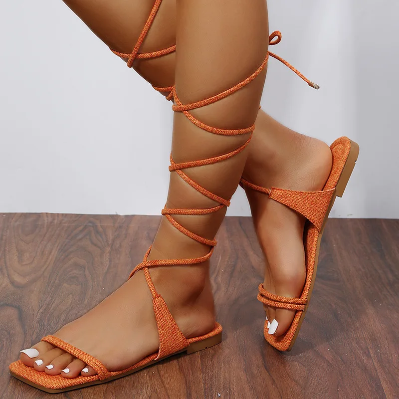 

Сандалии женские на плоской подошве, удобные легкие босоножки с квадратным носком и ремешком на щиколотке, со шнуровкой, модная летняя обув...