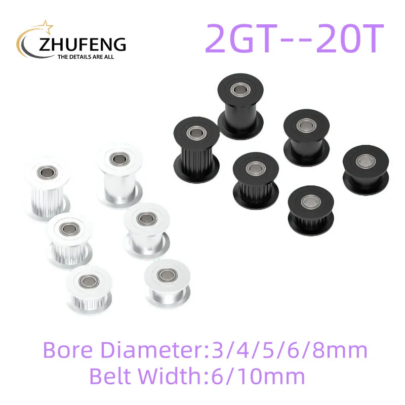 2GT 20 Teeth Synchronous Wheel Idler Pulley Black Bore 3/4/5/6/8mm With Bearing For GT2 Timing Belt Width 6/10mm 20 Teeth