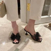2022 lace mesh sweet butterfly knot decoration fashion open toe high heel women slippers sandals elegant new shoes for women