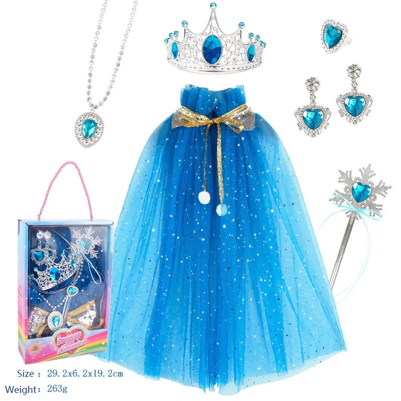 

Girls Frozen Elsa Rapunzel Princess Cosplay Costume Accessories Kids Sequined Tulle Cloak Crown Magic Wand Necklace Jewelry Set