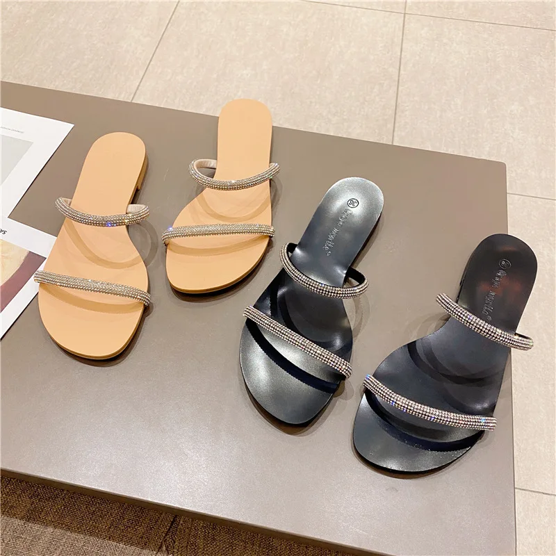 2022 summer new style sandals rhinestone flat shoes one word belt outside wear all-match flat women beach sandals women