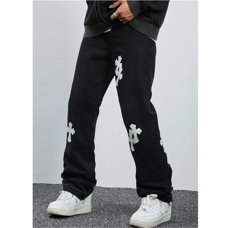 Streetwear Men New Vintage Cross Leather Patch Recreational Black Jeans Loose Straight Cylinder Broad Leg Trousers Autumn Women