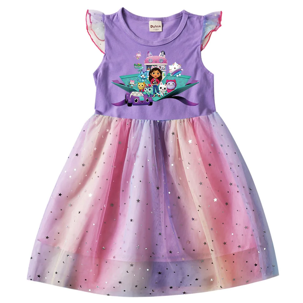 

Cute Gabby Dollhouse Clothes Baby Girl Princess Dresses Toddler Girls Wedding Party Knee-Length Kids Cartoon Rainbow Gauze Skirt