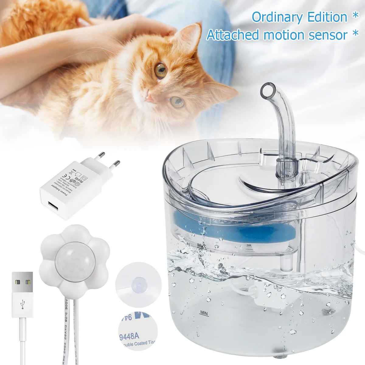 

Cat Water Fountain 2L Clear Cat Fountain Filter USB Automatic Sensor Cat Water Drinker with 2 Flowing Modes Water Dispenser