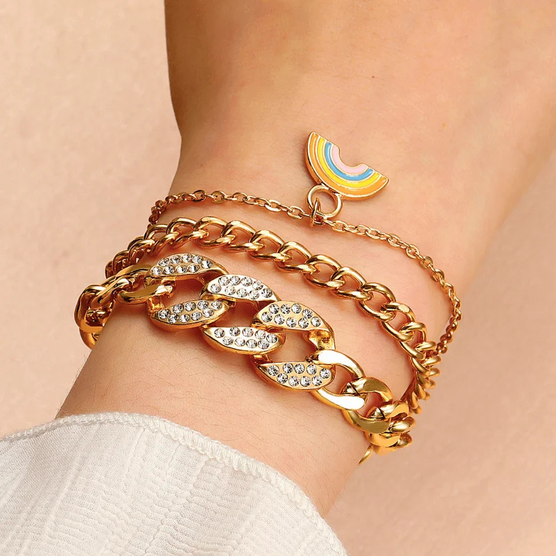 

Punk Multi-layered Cuba Bracelets for Women Hip Hop Rainbow Pendant Thick Chain Bracelets for Men Couple Jewelry Gifts