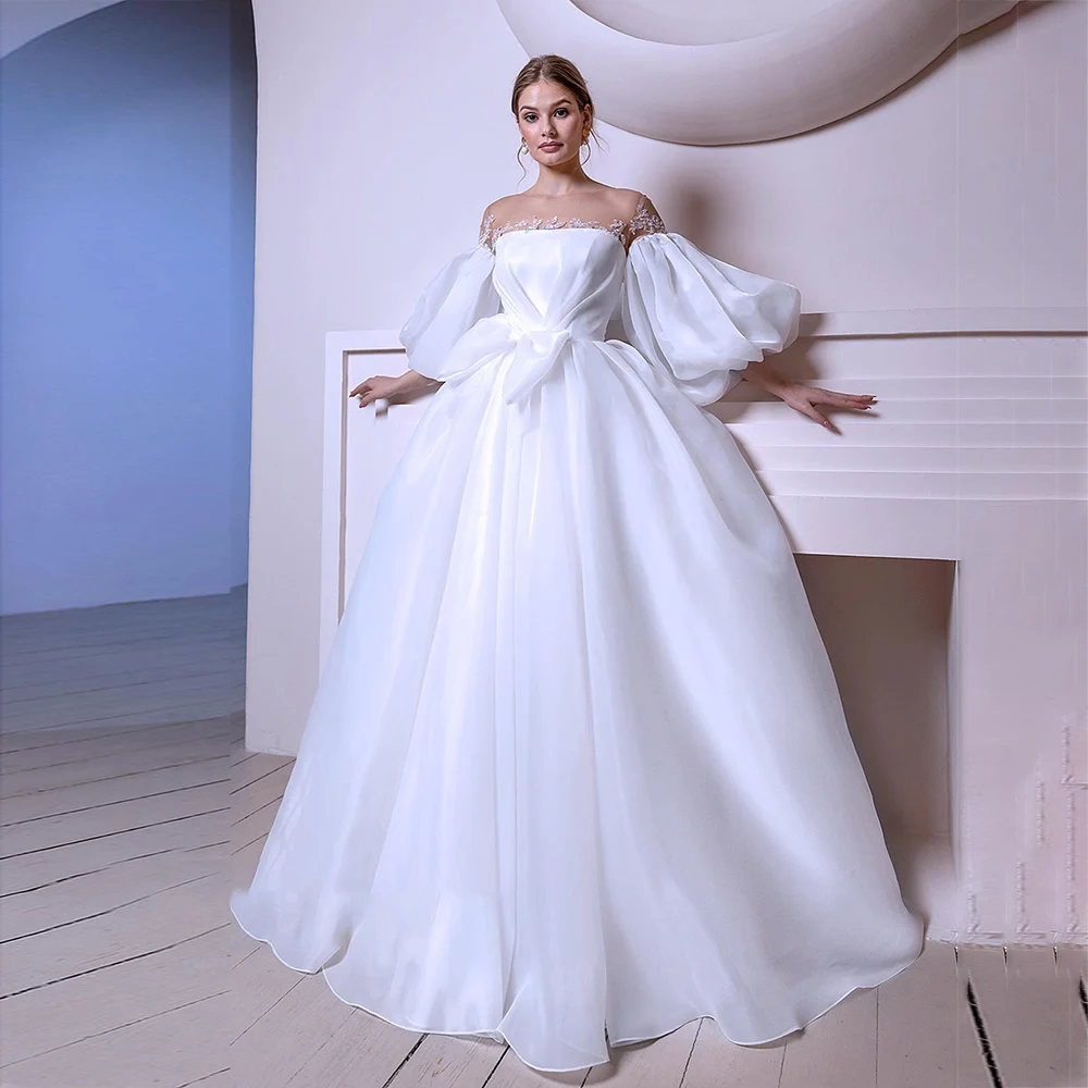 

UETEEY A-Line Princess Wedding Dress Organza Puff Sleeve Appliques Bride Gowns Train 2022 O-Neck Vestido De Noiva