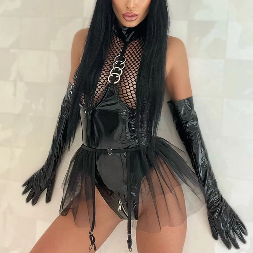 

Women Sexy PU Leather Fishnet Breathable Bodysuit Wet Look Sleeveless Jumpsuit Sleepwear Garters Lingerie Set Nightwear Clubwear