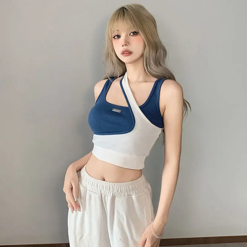 

Женский уличный Топ в стиле Харадзюку, повседневный укороченный топ без рукавов в стиле пэчворк, спортивный топ контрастной расцветки из двух предметов, Y2k