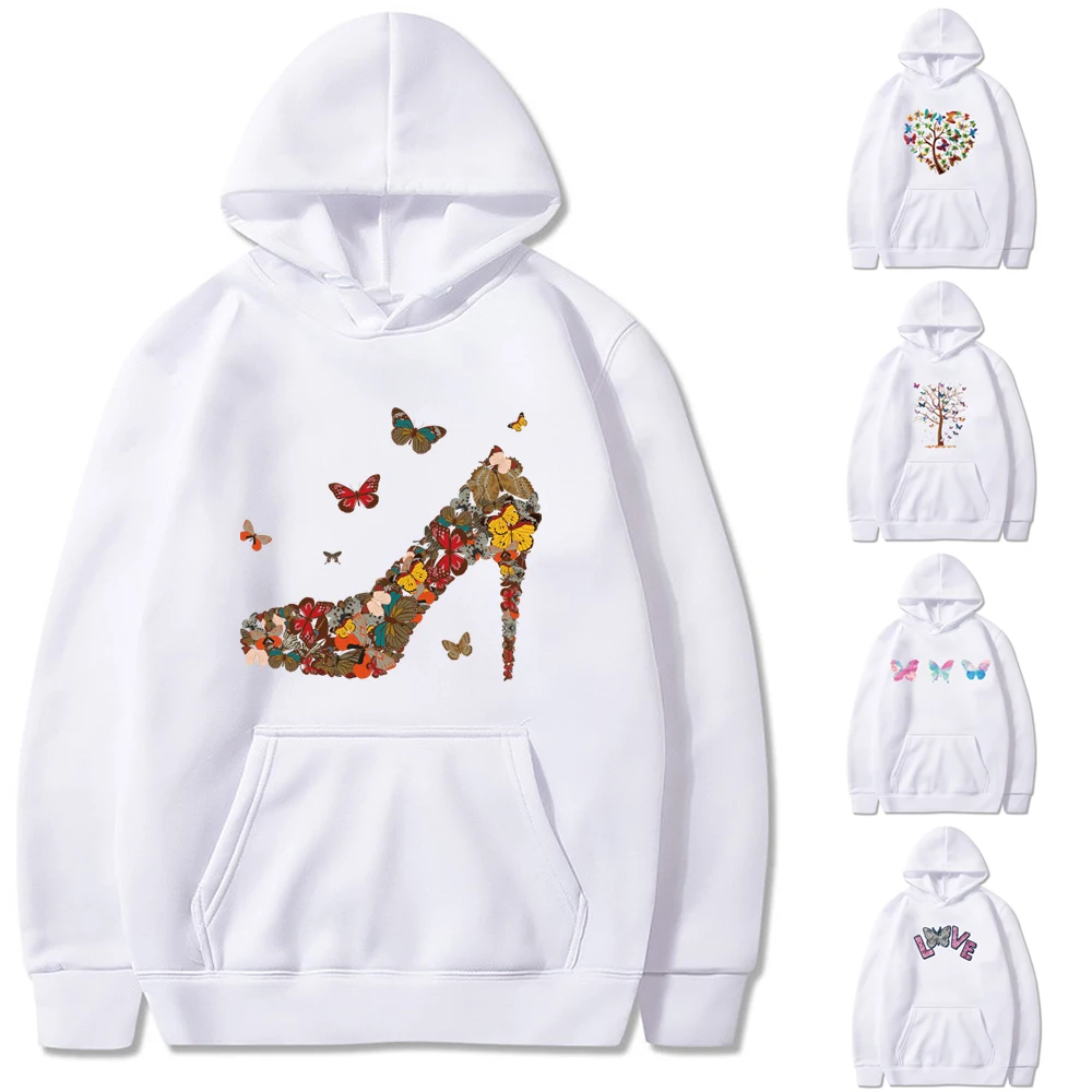 

Hoodies Couples Clothing Pretty Butterfly Printed Long Sleeve Tops Loose Pocket Sweatshirt Casual Pullover Fashion Streetwear