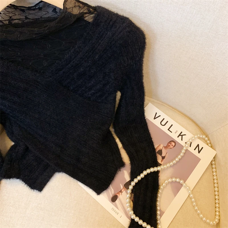 Женский кружевной свитер Bomon Однотонный с кружевными расклешенными рукавами