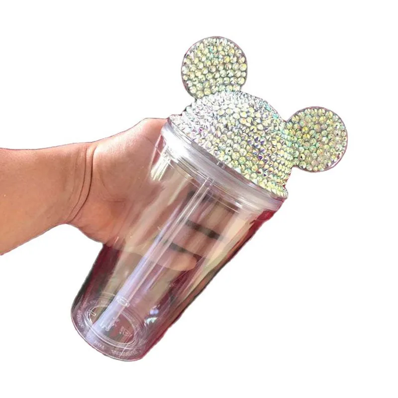 

500ml creative Mickey Minnie diamond cup lid can be handmade DIY double plastic portable car cup sippy cup lid Christmas gift