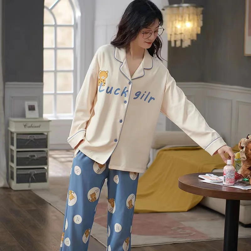 100% Cotton Women Pajamas Sets Spring Turn-Down Collar Long Sleeve Ladies Sleepwear 2 Piece/Set Leisure Home Wear Clothes