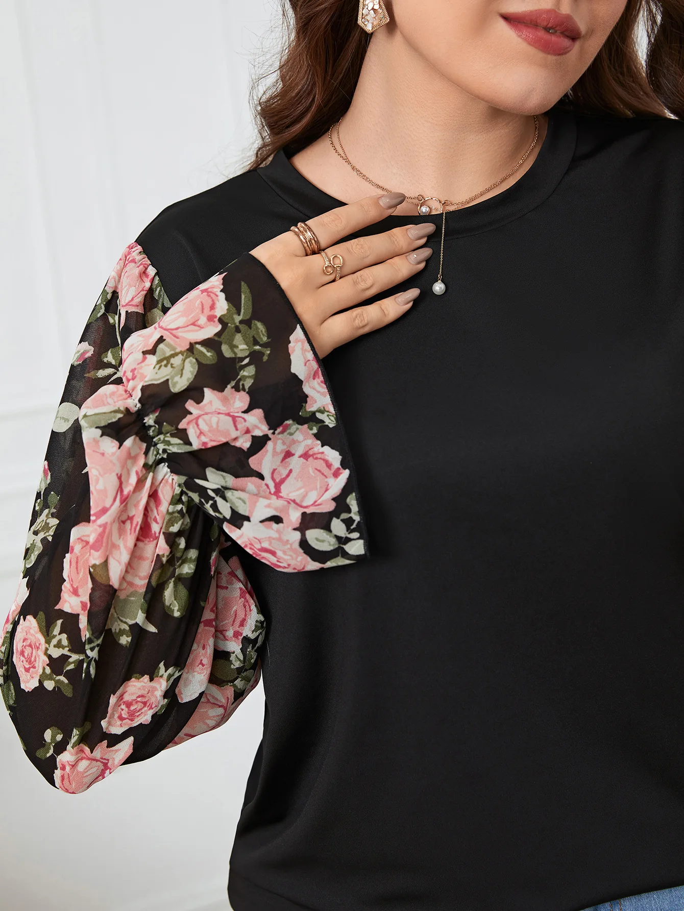 Temperament Commuter Large Women's Printed Shirt Lantern Cuffs Female plus size top plus size