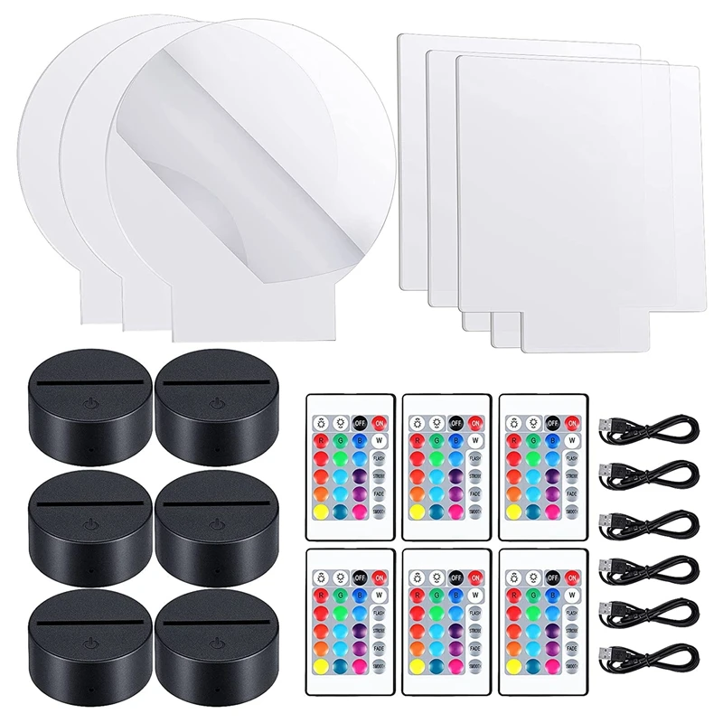 

6 Sets 3D Night LED Light Lamp Bases Adjustable 16 Colors 4 Modes Acrylic Lamp Base For Restaurant (Round Square Style)