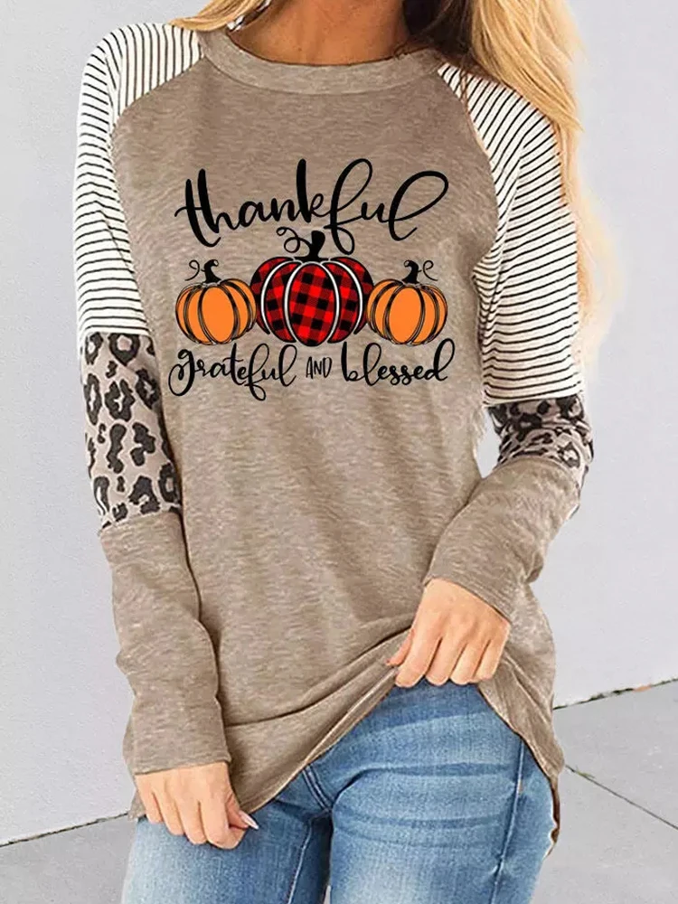 

Thankful Grateful Blessed Pumpkin Baseball T-Shirt for Women Thanksgiving Leopard Stripe Splicing Long Sleeve Top Vintage Tee