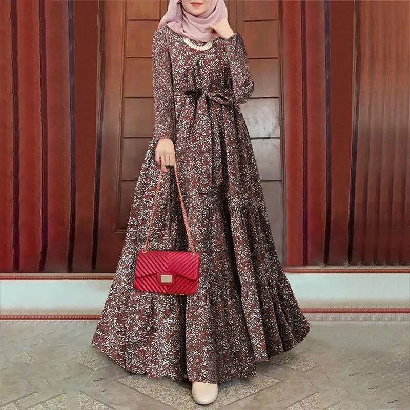 Spring Floral printed Women Dress Long Sleeve O-Neck Islamic Clothing Button Cuffs Kaftan Turkey  Casual Sundress  عباءات