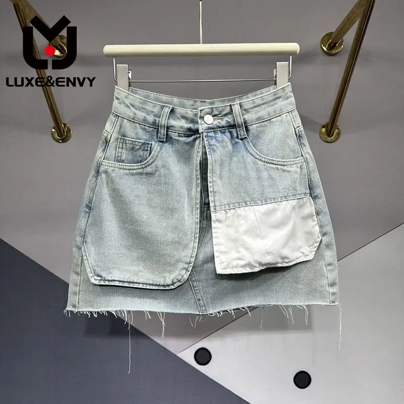 

LUXE&ENVY Design Large Pocket Patch A-line Hip Wrap Short Skirt Women's 2023 Summer New High Waist Slim Denim Skirt