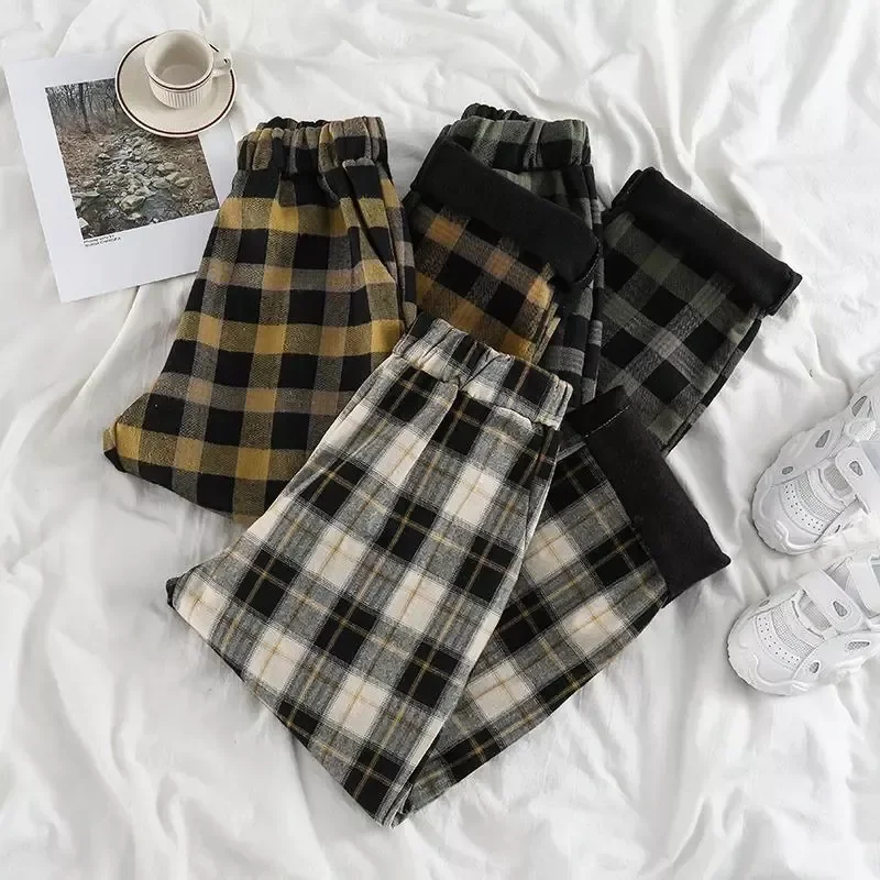 

Vintage Plaid Pants Women Thicker Plus Velvet Korean Style Simple Chic Trendy Popular All-match Leisure Female Bottom