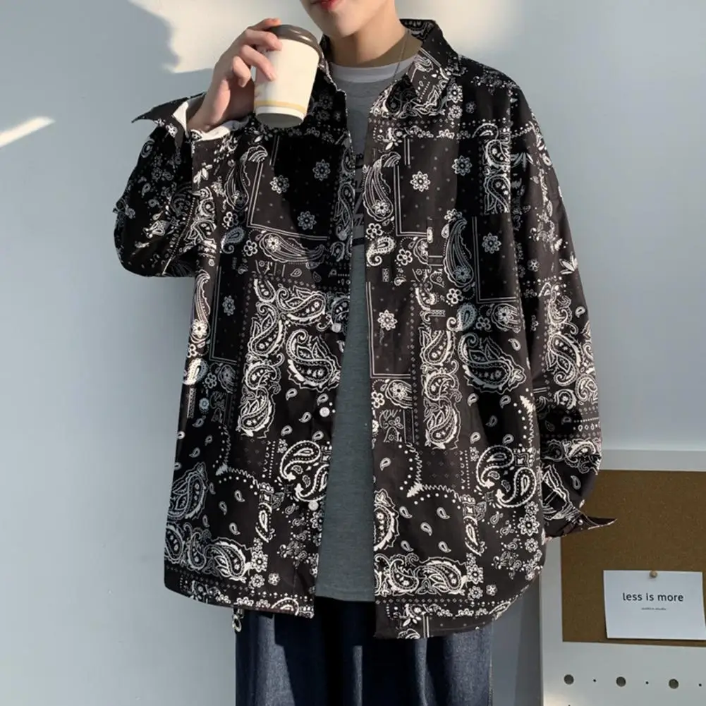 

Men Autumn Shirt Breathable Cashew Flowers Long Sleeves Print Turn-down Collar Keep Warm Loose Casual Buttons Fall Tops for Dail