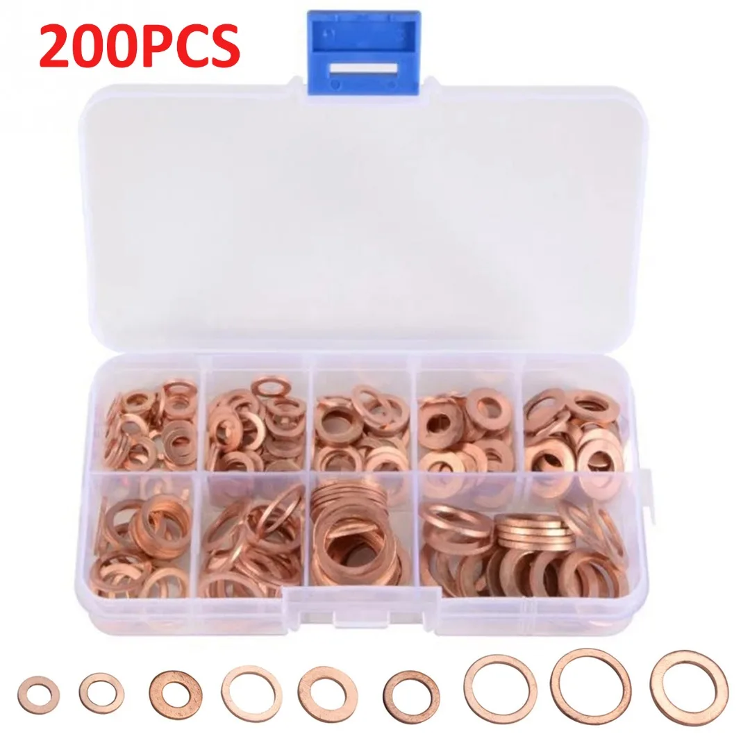 

200 шт., медная шайба M5-M14, набор прокладок, набор плоских колец в ассортименте, набор для цилиндрического клапана, автомобильного насоса с упа...