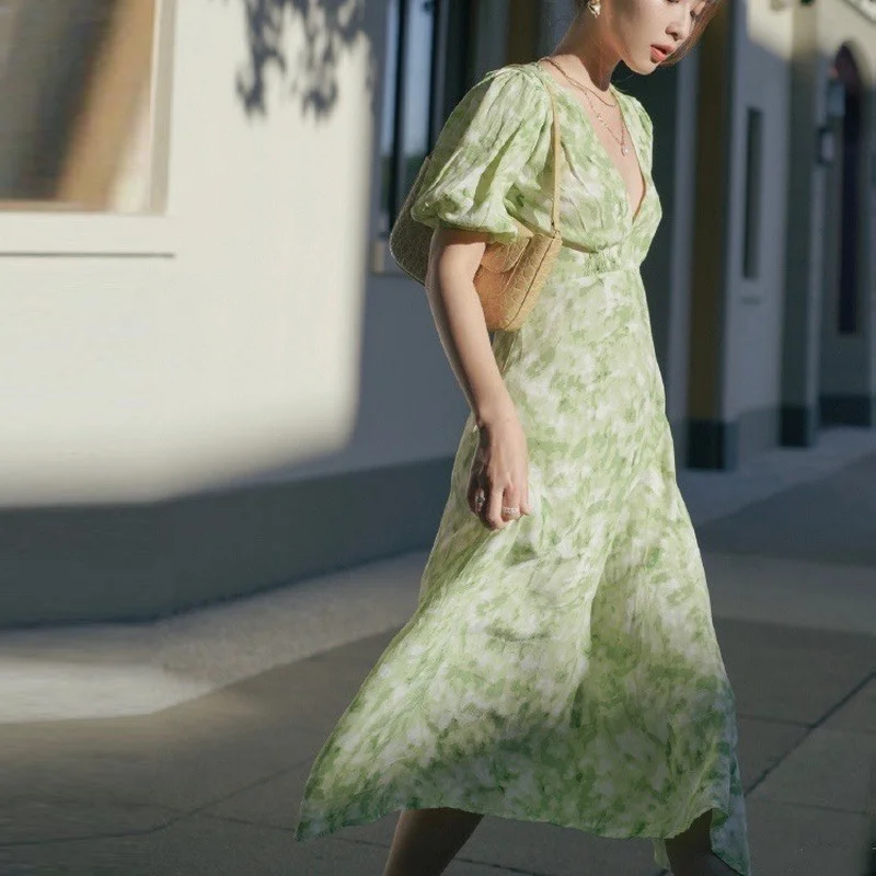 French 2022 Fashion Spring Print Summer Dresses Women Casual Puff Sleeve Vintage Dress Female Elegant Green Long Dress Holiday