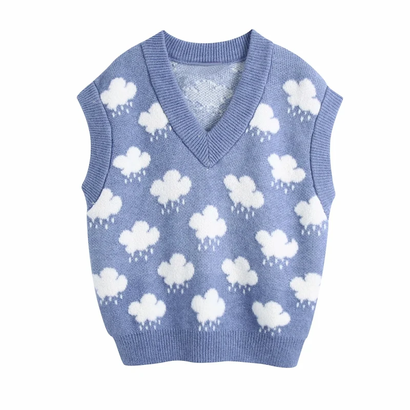 

Women Preppy Style Harajuku V-Neck Clouds Jacquard Vest Sweaters Fashion Knitted Sleeveless Knitwear Female Casual Tops Sweet