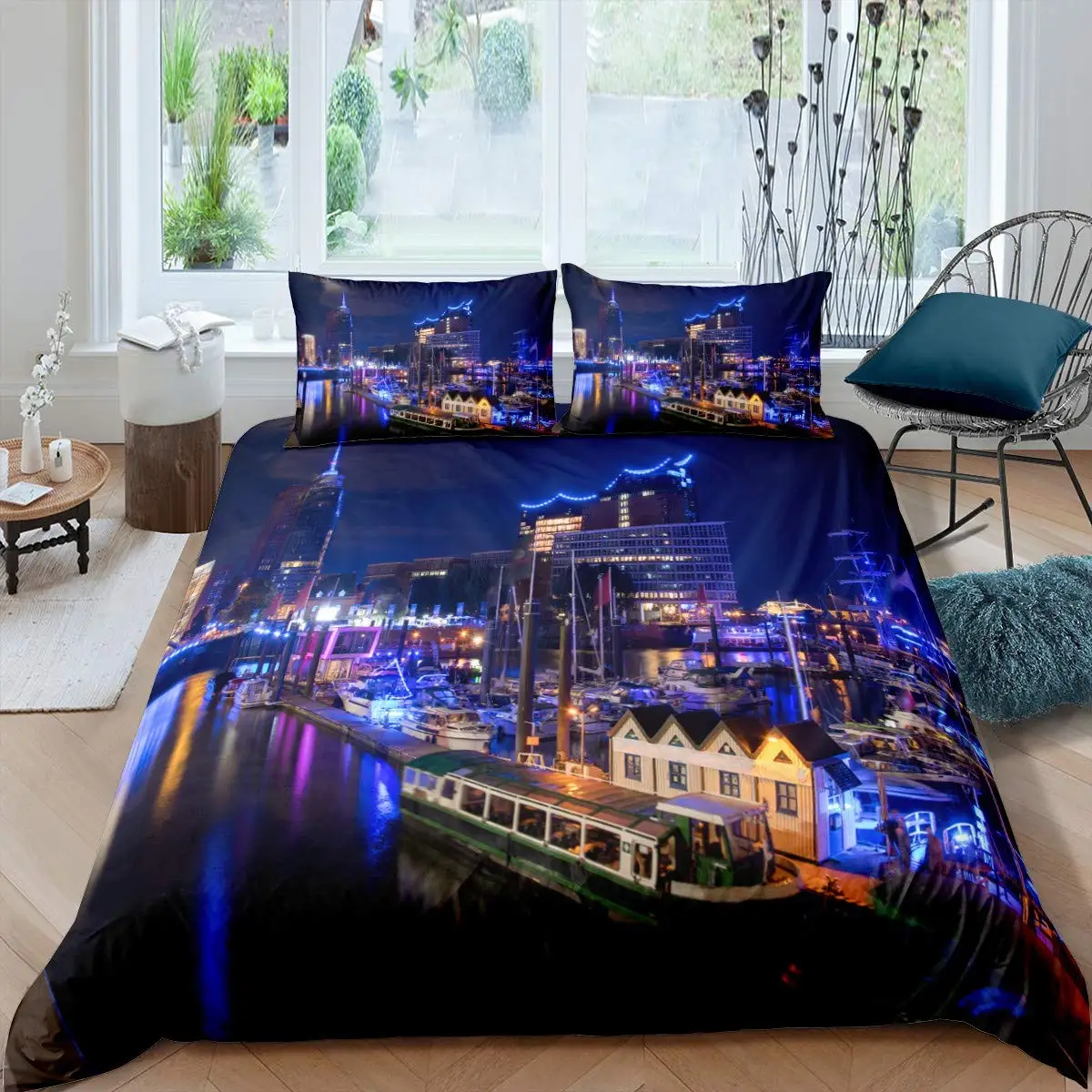 

Building Bedding Set 2/3Pcs King Size Cityscape Duvet Cover Set New York City Night View Quilt Cover for Boys Adults Microfiber
