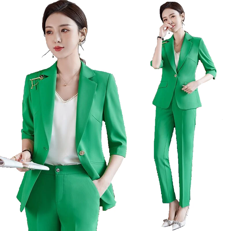 

Half Sleeve Spring Summer Women Business Suits with Pants and Jackets Coat Professional Pantsuit Office Work Wear Blazers Set