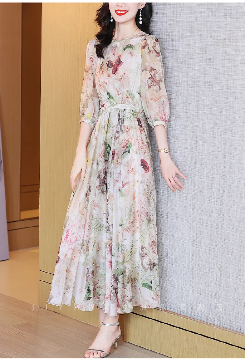 

Облегающее платье с высокой талией и принтом, 100% натуральное шелковое платье, 2023 летние длинные платья с круглым вырезом для женщин, одежда, Vestido Mujer Zm3301