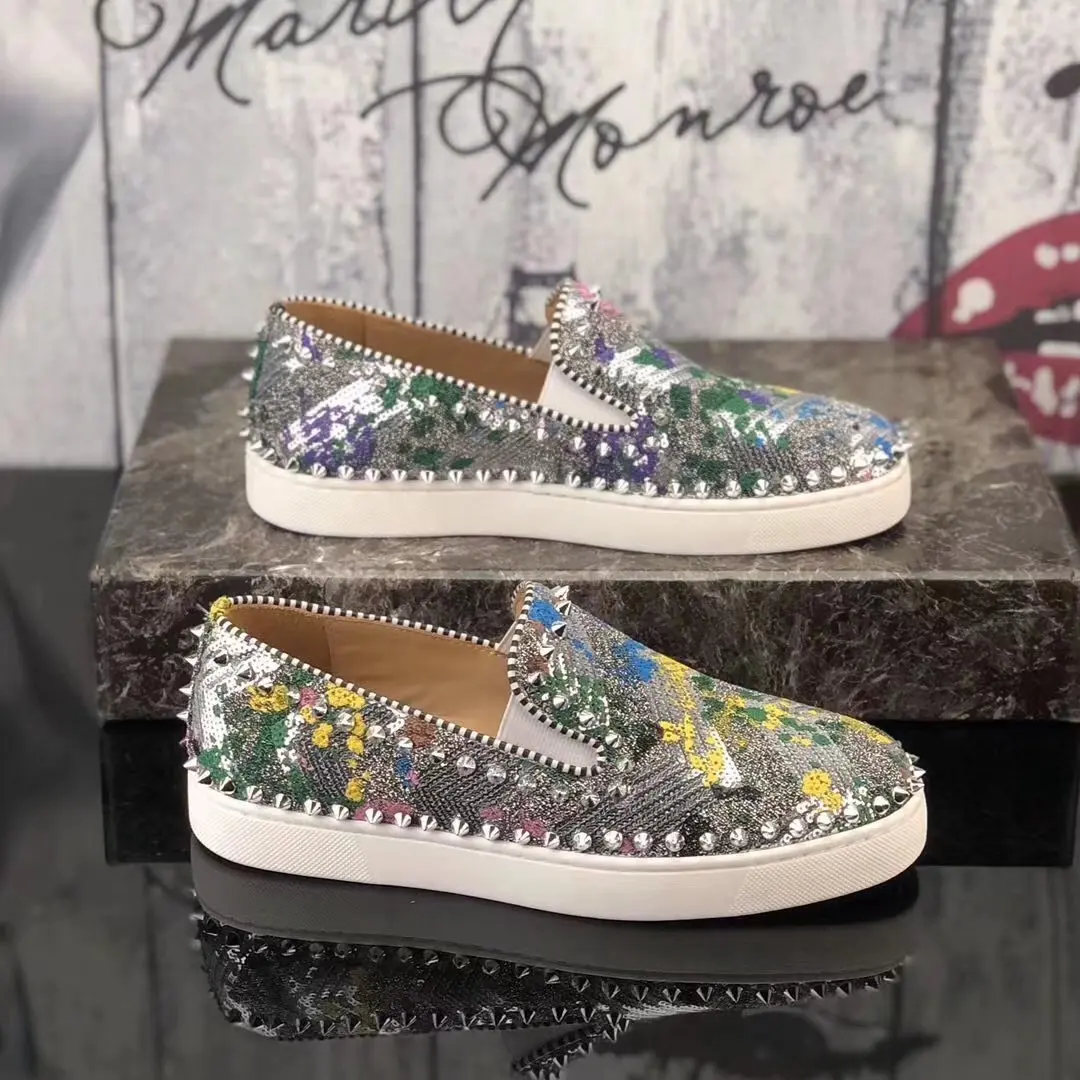 

Brand Real Print Flower Leather Red Outsole Men's Women's Rhinestone Rivets Shoes Flats Casual Sneakers Designer Unisex