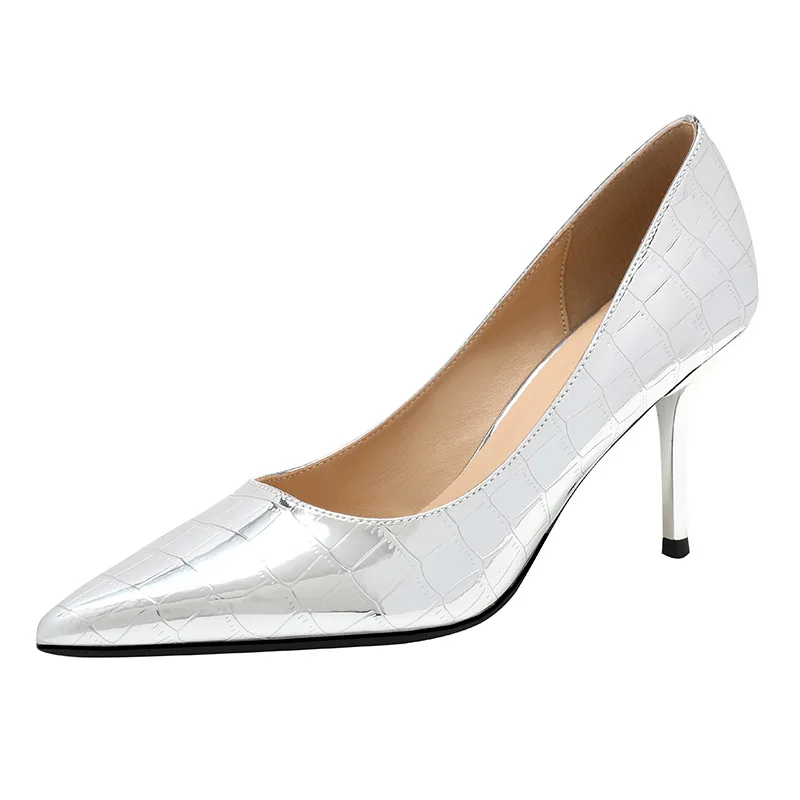 

Wedding Women Pumps PU 6CM Thin high heels Pointed Toe Shallow+Classics+Solid Women's Shoes Party Designer Gun color silvery