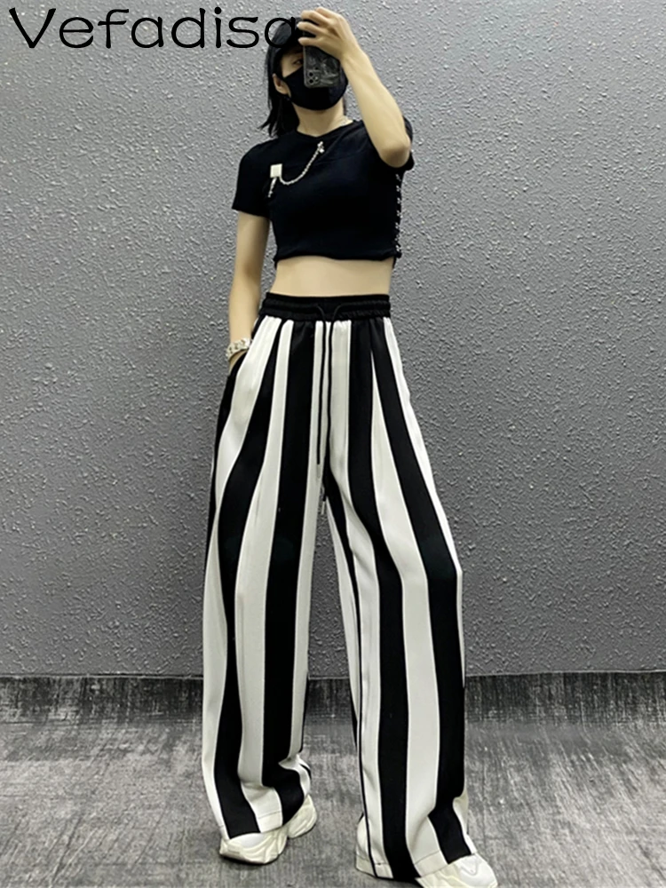 Vefadisa 2023 Fashion Stripe Thin Sports Casual Pants Women Summer New High Waist Loose Slim Straight Leg Wide Leg Pants ZY386