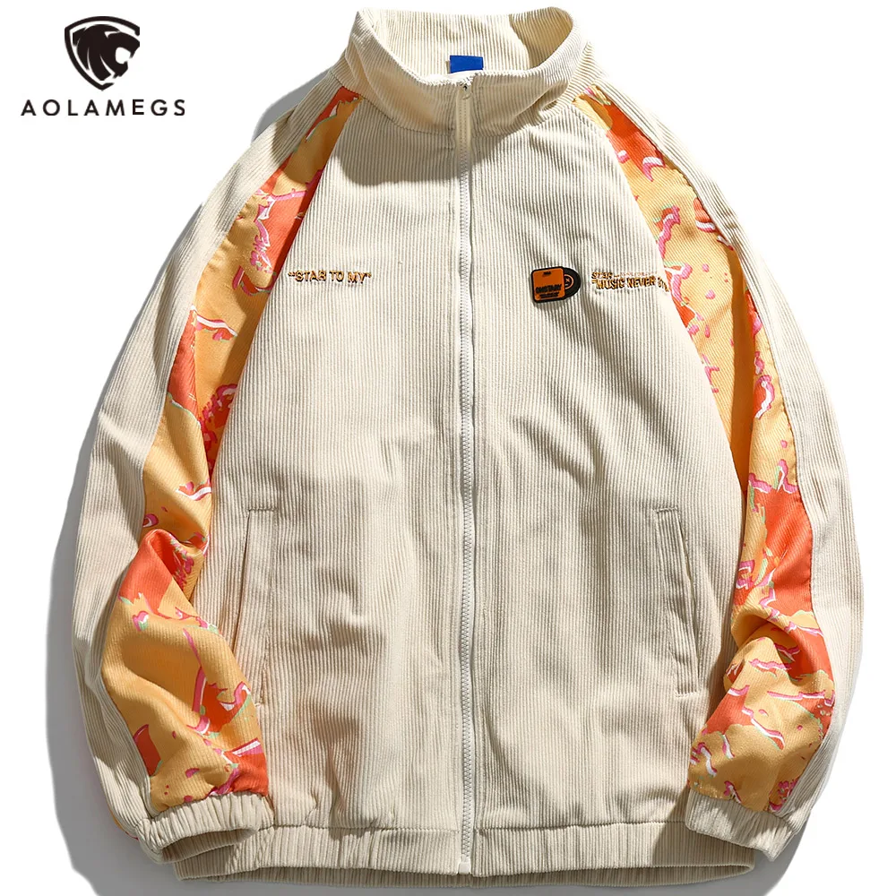 

Aolamegs Men's Jackets Letter Embroidery Patchwork Zipper Standing Collar Coats Cool Hipster Youthful High Street Men's Clothing