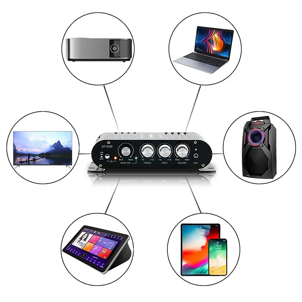 ST-838 HiFi 2 1-канальный усилитель мощности с регулировкой басов и высоких частот 80 Вт