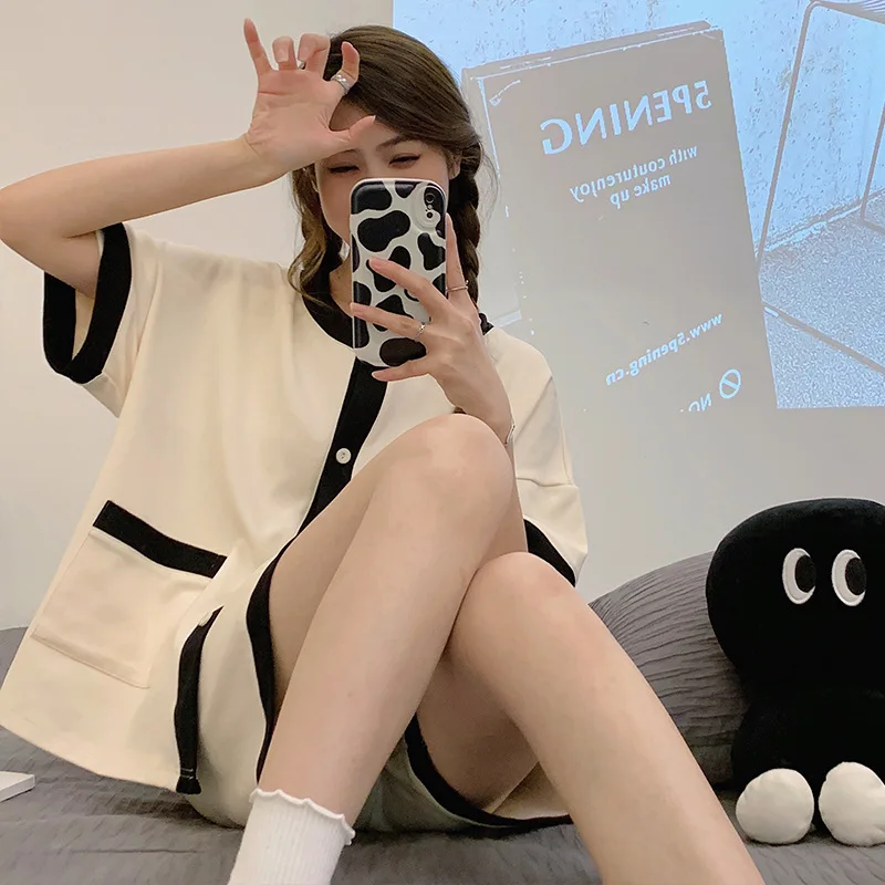 Yasuk Spring Autumn Summer Women's Casual Soft Cotton Sleepwear Pajamas Set With Long Short Pants Splicing Simple Sweet Girl 3Pc