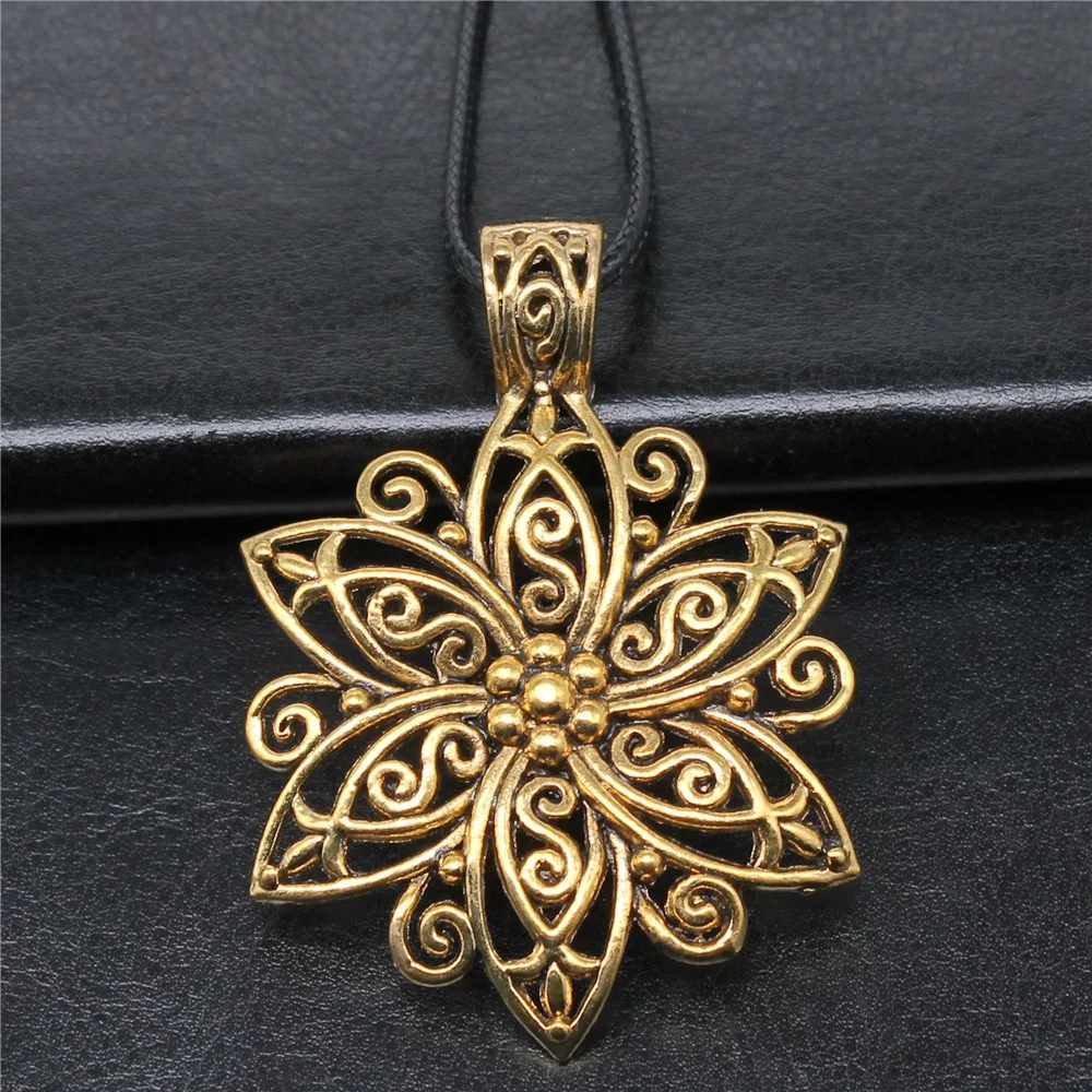 

Retro Vintage Unisex 2 Colors 66x47mm Big Flower Pendant Faux Black Leather Rope Chain Necklace