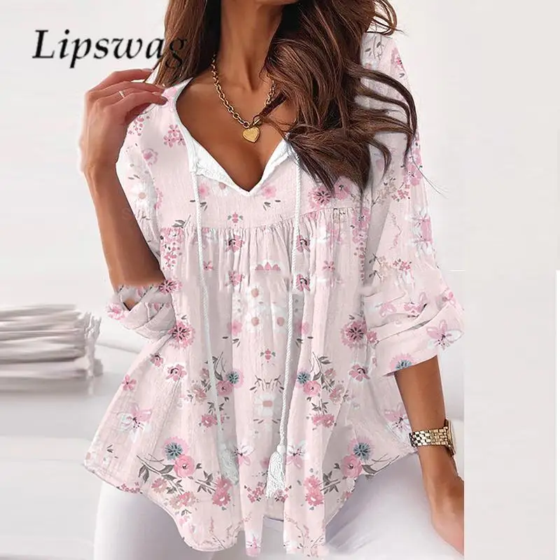 

Осенние Топы на шнуровке с V-образным вырезом и рукавом 3/4, простая Женская плиссированная свободная футболка-трапеция, повседневный Женский пуловер с цветочным принтом, универсальный